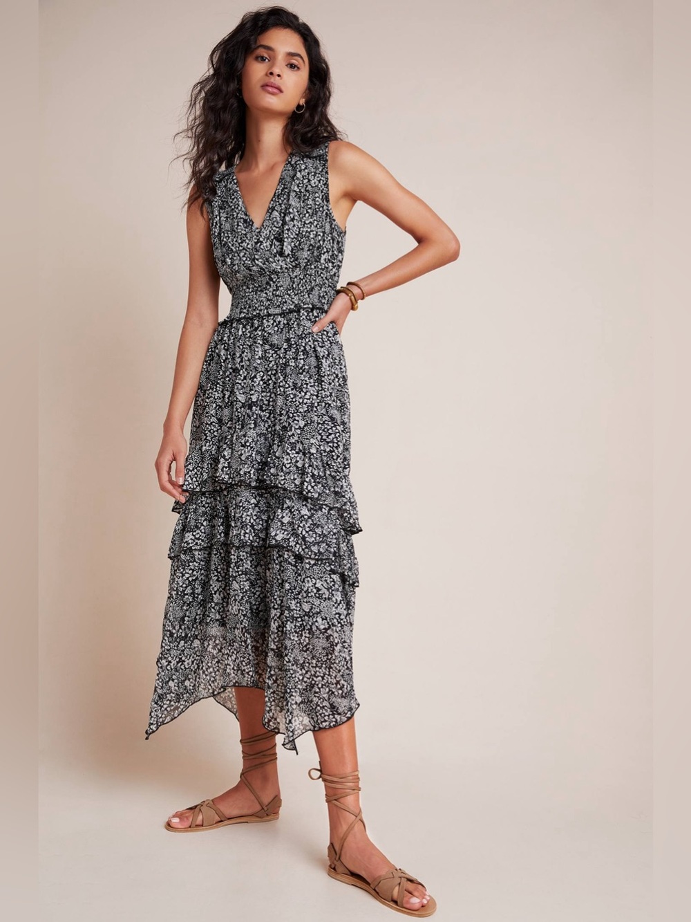 Anthropologie Marcella Tiered Flowy Floral Midi Dress